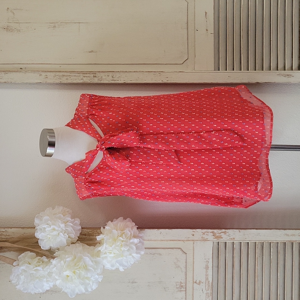 Daniel Rainn red sheer sleeves polka dot, lined, bow top womens size medium